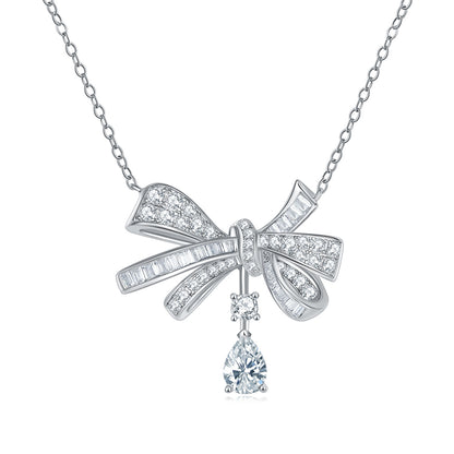 Light luxury bow droplet pear shaped moissanite silver plated 18k gold necklace