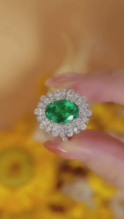 Zambia artificially cultivated simulated emerald ring silver plated 18K gold synthetic colorful treasure women's ring